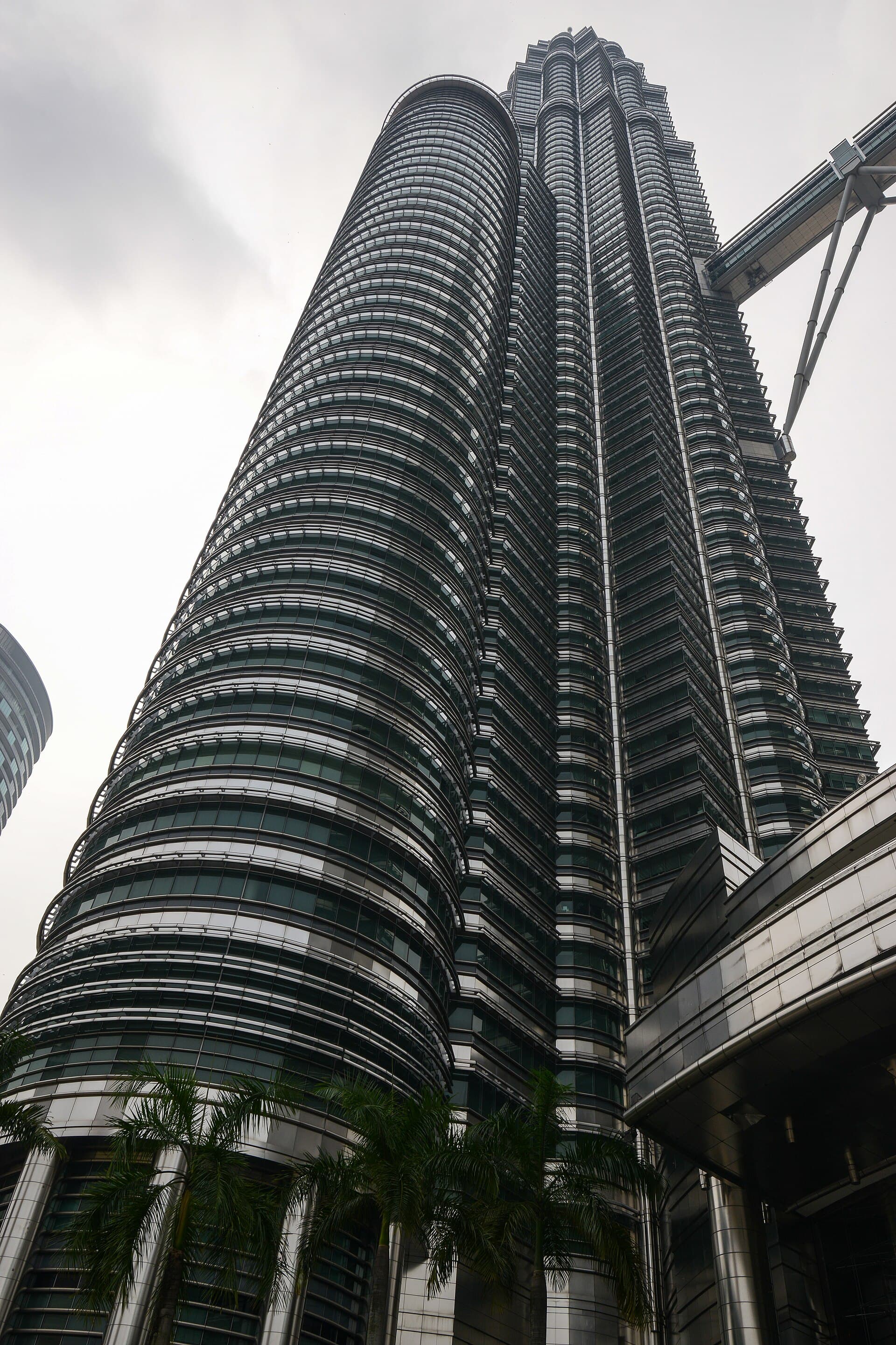 Ribbed steel and glass skyscraper rising from street level